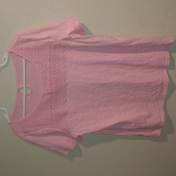 🌟HP🌟Talbots Pink Lace Yoke Tee 100% Cotton L Summer Spring Lightweight - Picture 2 of 6